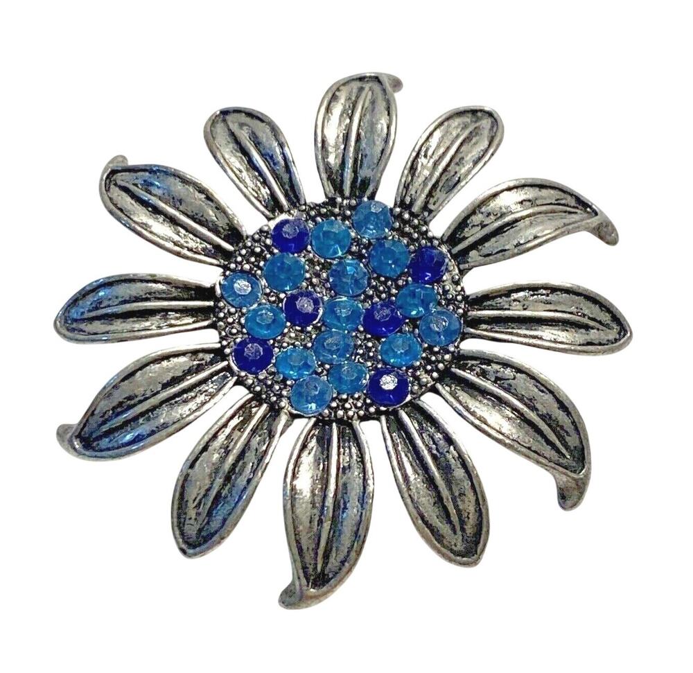 Vintage silvertone pewter finish flower brooch variety blue tones rhinestone pin